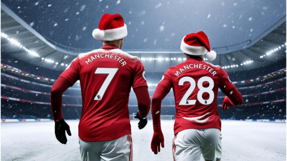 Two soccer players wearing red jerseys, numbered 7 and 28, don Santa hats as they walk on a snowy field in a stadium. It's the Boxing Day Premier League match, where festive spirit meets fierce competition.