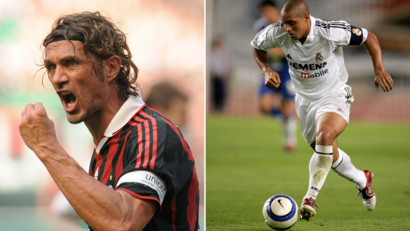 Split image of two soccer players: Left shows Maldini in AC Milan jersey shouting passionately. Right shows Roberto Carlos in Real Madrid jersey focused on dribbling a ball. Energetic and intense scene.