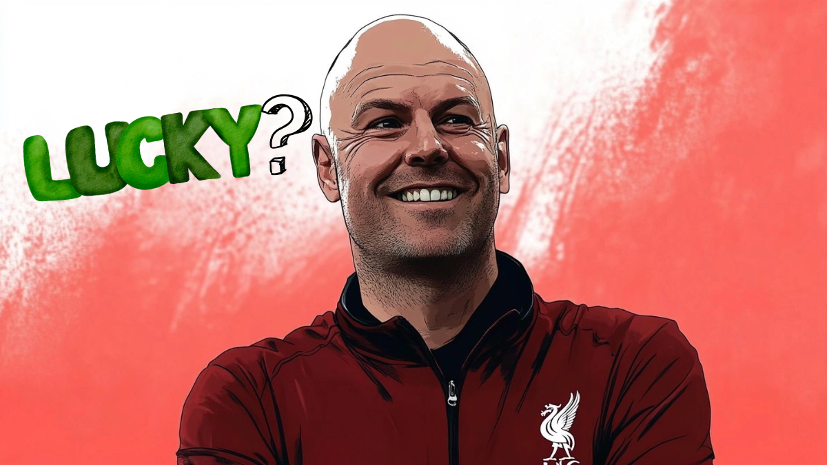 Arne Slot Liverpool head coach with Lucky text