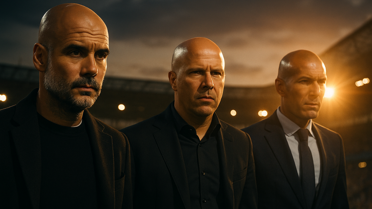 Dramatic cinematic image of three bald football coaches resembling Guardiola, Slot, and Zidane, standing shoulder to shoulder in a stadium at sunset, dressed in dark suits with intense expressions.