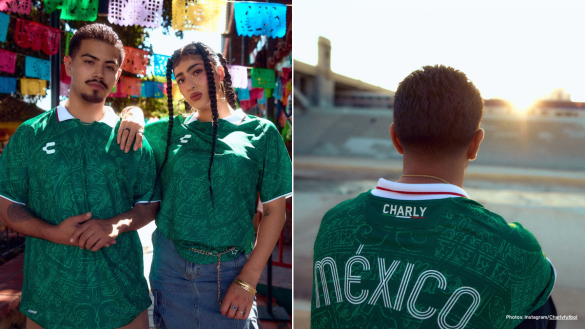 Two people in green Mexico jerseys with Aztec-inspired patterns, standing in front of colorful papel picado. The back view shows "México" in a stylized font.