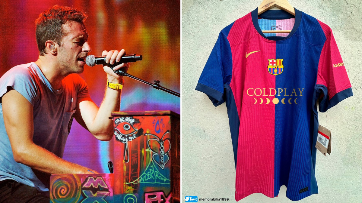 On the left, a photo shows Chris Martin, the lead singer of Coldplay, performing on stage. He is playing the piano, which is vibrantly decorated with colorful, abstract designs. On the right, there is an image of Barcelona's El Clasico football jersey featuring Coldplay's logo. The jersey is half red and half blue, with the Coldplay logo and a moon phase design in gold displayed prominently on the front. The iconic Barcelona club crest and Nike swoosh are also visible.