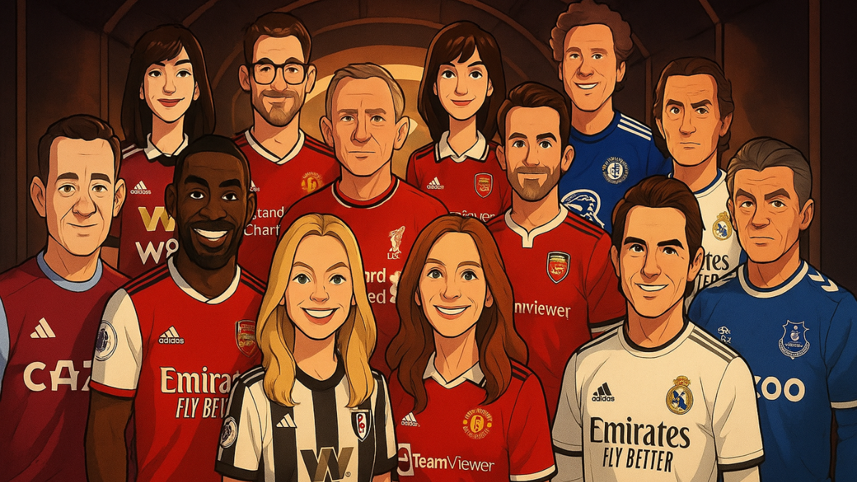 Illustrated group portrait of 13 Hollywood actors wearing the jerseys of their favorite soccer clubs. From left to right: Tom Hanks in Aston Villa colors, Idris Elba in an Arsenal kit, Margot Robbie in Fulham stripes, Julia Roberts and Anne Hathaway in Manchester United red, Daniel Craig in a Liverpool shirt, Ryan Reynolds and Rob McElhenney in Arsenal kits, Will Ferrell in Chelsea blue, Tom Cruise in a Real Madrid jersey, and Sylvester Stallone in Everton blue. They stand together in a tunnel-like setting, smiling as if posing for a team photo.
