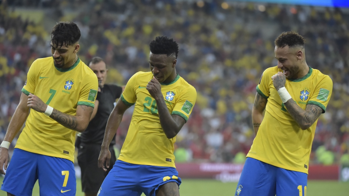 Neymar celebrates with Brazil teammates