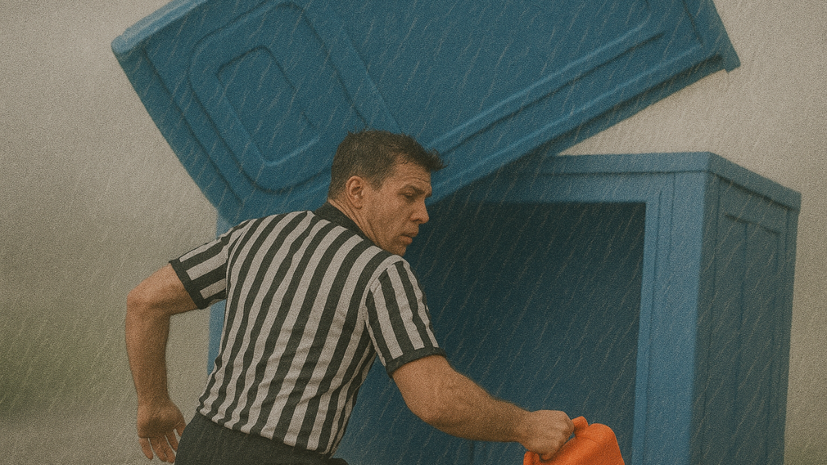 Soccer referee blindsided by flying porta-potty during killer storm