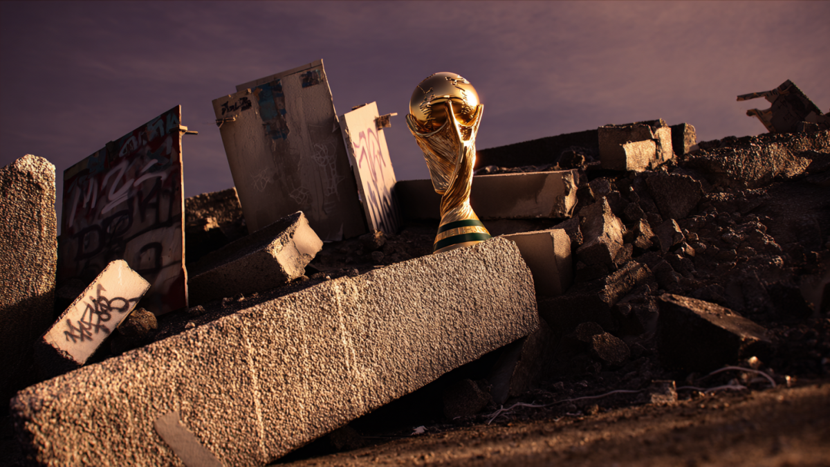 World Cup trophy buried in rubble and debris, symbolizing global spectacle amid crisis and collapse